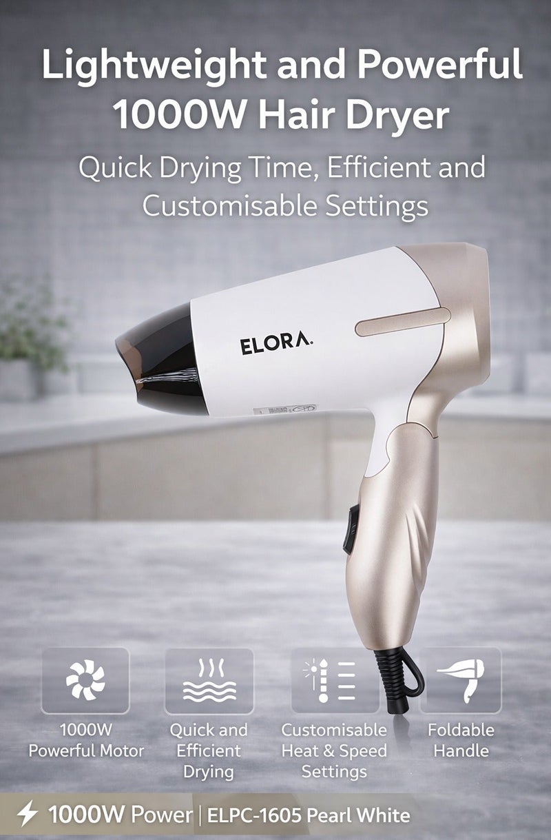 ELORA Lightweight & Powerful Hair Dryer with Quick Drying, Customizable Heat & Speed Settings, Foldable Handle – 1000 W | ELPC-1605 Pearl White - Image 1